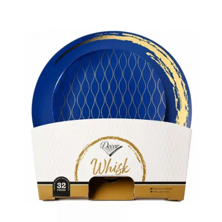 set assiette plastique réutilisable bleu et or