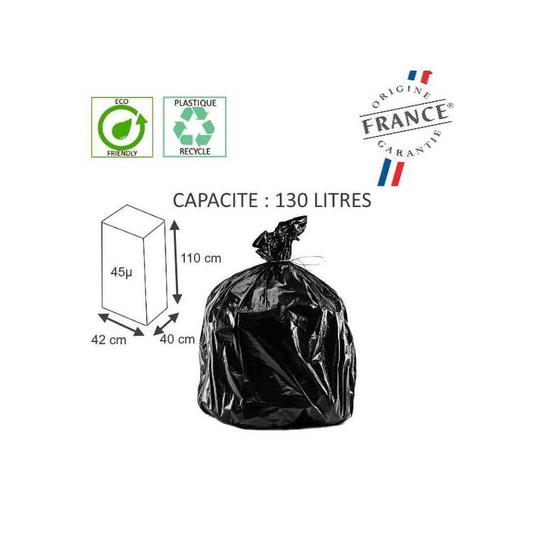 Sac poubelle de fabrication française , un choix pas cher COLIS DE 400  DESIGNATION Sac 50L Noir EPAISSEUR µ 30 DIM. mm 350+165(x2)x750