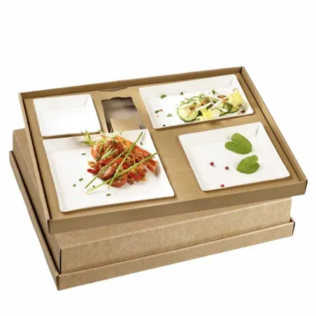 Plateau repas carton écokraft avec vaisselle blanche