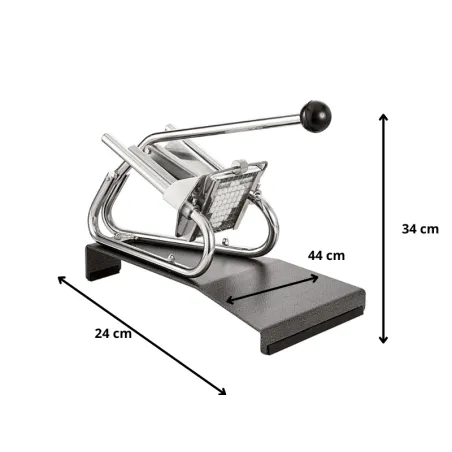 Coupe frites sur socle avec couteau et poussoir avec dimensions Coupe frites sur socle avec couteau et poussoir avec dimensions
